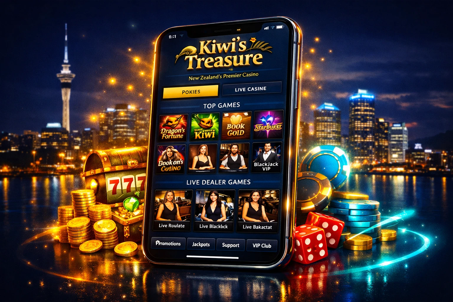 Kiwi's Treasure mobile casino site on smartphone browser in New Zealand
