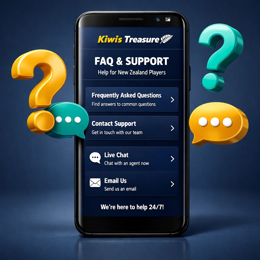 Kiwi's Treasure New Zealand mobile casino FAQ and support screen
