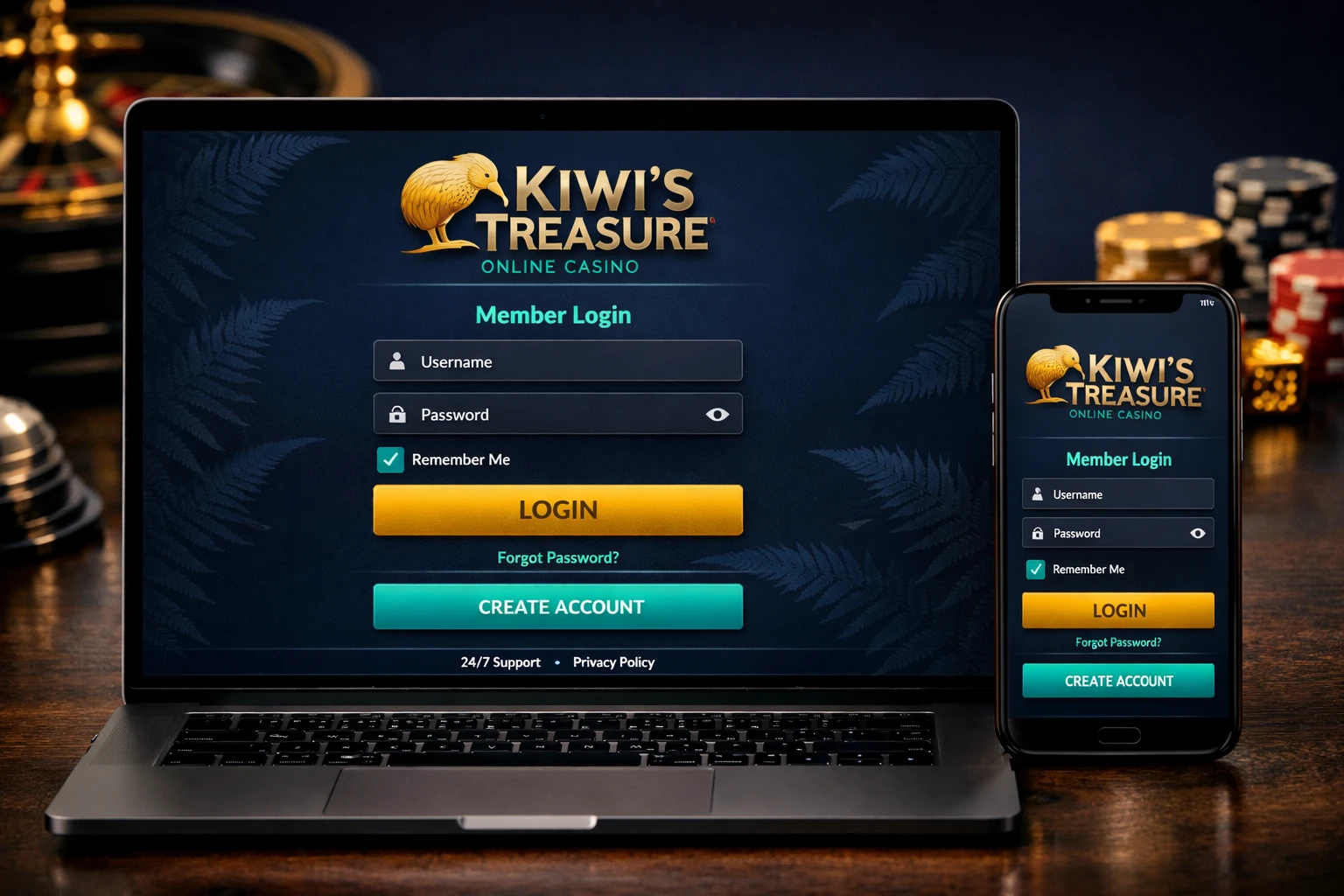 Kiwi's Treasure secure login page on mobile and desktop browsers in New Zealand