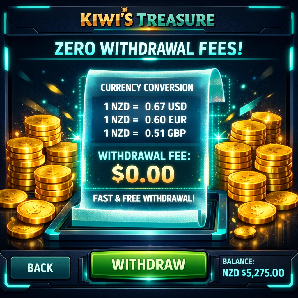 Kiwi's Treasure withdrawal fees and NZD currency processing screen